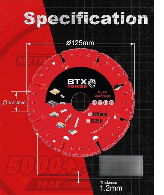 BTX Power Disque Multi Matériaux 125mm - Tranchant Diamant pour Métal - 5000 Coupes - 12250 RPM - Angle Die Grinder - Tôle, Acier, Aluminium