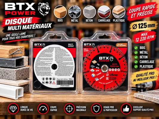 BTX Power Disque Multi Matériaux 125mm - Tranchant Diamant pour Métal - 5000 Coupes - 12250 RPM - Angle Die Grinder - Tôle, Acier, Aluminium