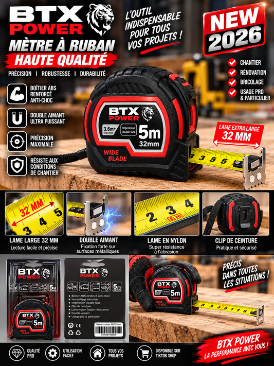 BTX Power Mètre à Ruban 5 m 32 mm Haute Qualité Revêtement Nylon Précision Robustesse Confort d'Utilisation pour Chantier Atelier et Bricolage