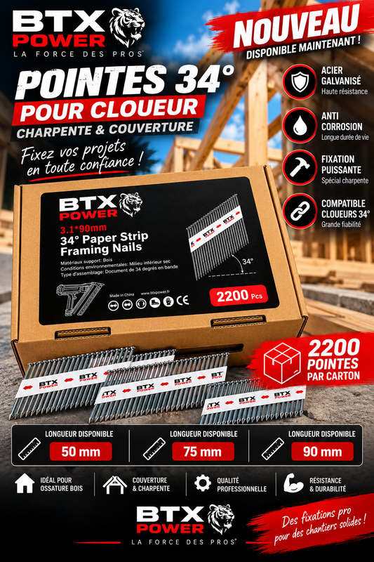🔨 POINTES GALVANISÉES BTX POWER – POUR CLOUEUR 34° en 90 mm